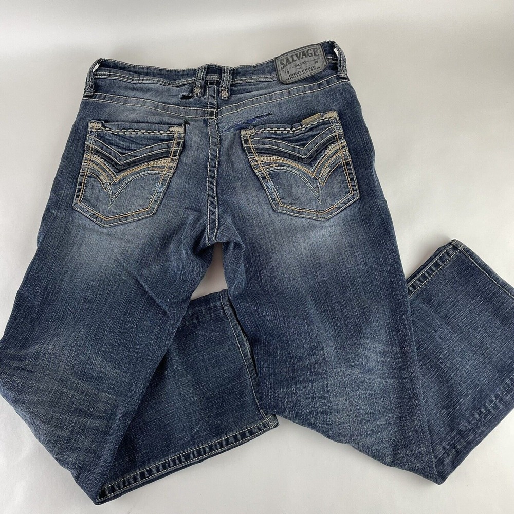 Distressed Salvage Buckle Men's Mayhem Straight Stretch Blue Jeans Size 31R x 28 - Picture 2 of 12